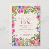 Rosa Lila Aquarellfarben Wildblumen 100. Geburtsta Einladung (Vorne/Hinten)
