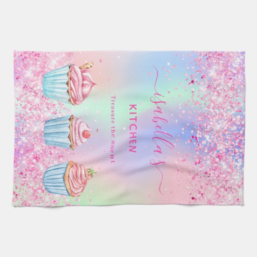 Rosa lila Backen Glitzer cupcakes Name Geschirrtuch (Horizontal)