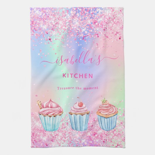 Rosa lila Backen Glitzer cupcakes Name Geschirrtuch (Vertikal)