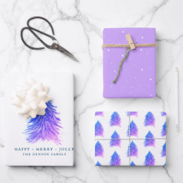 Rosa Lila Bäume Wasserfarben Weihnachtsfeiertag Geschenkpapier Set