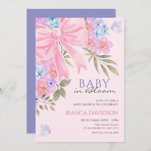 Rosa lila Bläschenbrust-Babydusche Einladung (Vorne/Hinten)