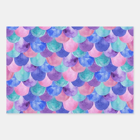 Rosa Lila Blau Aquamarine Wasserfarbe Meerjungensk Geschenkpapier Set (Vorderseite 2)