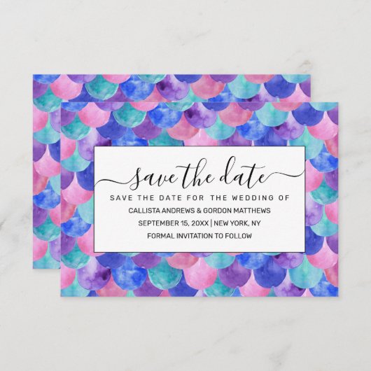 Rosa Lila Blau Aquamarine Wasserfarbe Meerjungensk Save The Date (Vorne/Hinten)