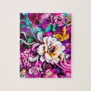 Rosa Lila Blau Türkis Weiße Gartenblumen Fantasy Puzzle
