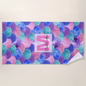Rosa Lila blaues Aquarellfarben-Monogramm Strandtuch (Vorderseite)