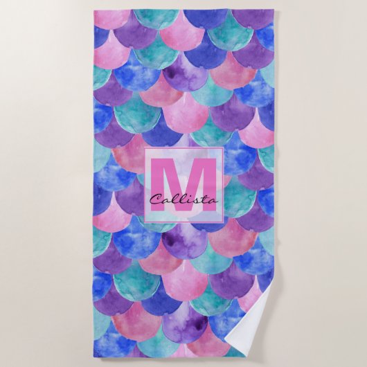 Rosa Lila blaues Aquarellfarben-Monogramm Strandtuch (Vorderseite)