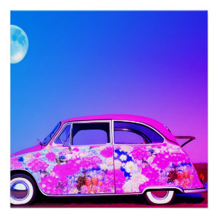 Rosa lila blaues Auto floraler blauer Mond Himmel Poster