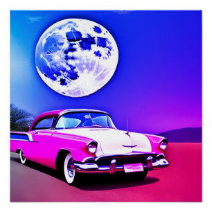 Rosa lila blaues Auto im blauen Mondhimmel AI-Kuns Poster