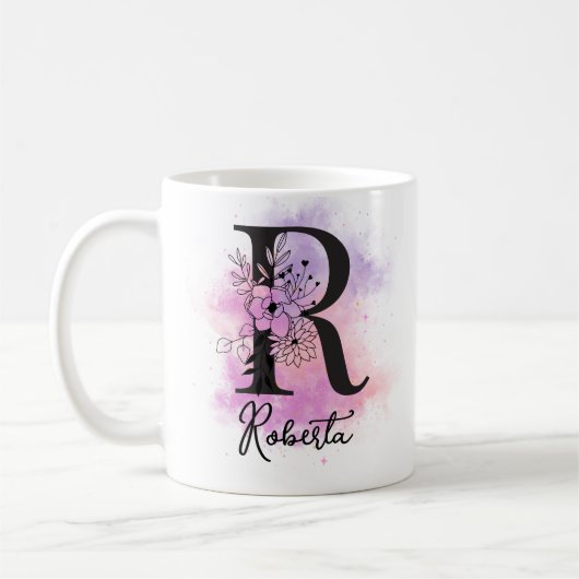 Rosa Lila blorschwarze Buchstaben Monogramm R Kaffeetasse (Links)