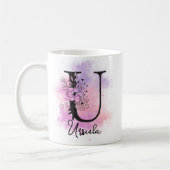 Rosa Lila blorschwarze Buchstaben Monogramm U Kaffeetasse (Links)