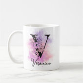 Rosa Lila blorschwarze Buchstaben Monogramm V Kaffeetasse (Links)
