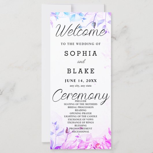 Rosa Lila Blue Blätter Weißes Hochzeitsprogramm (Vorderseite)