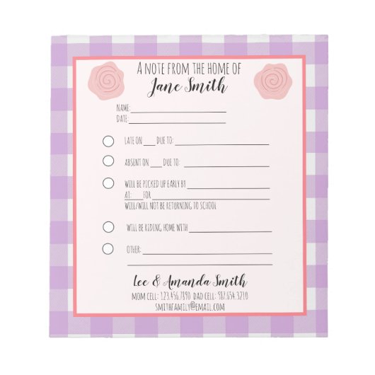 Rosa Lila Blume Schule Hinweis 1 Kind Notizblock (Vorderseite)