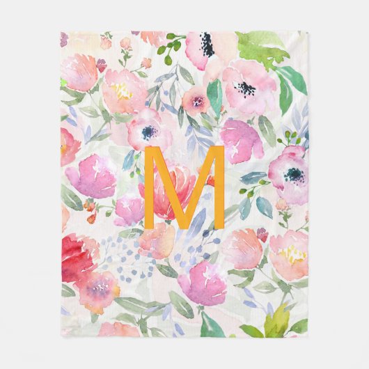 Rosa lila Blumen Aquarellfarben Monogramm Fleecedecke (Vorderseite)