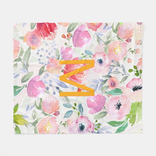 Rosa lila Blumen Aquarellfarben Monogramm Fleecedecke (Vorderseite (Horizontal))