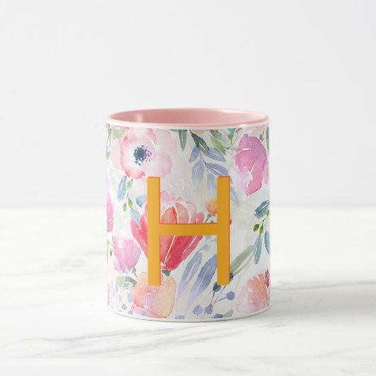 Rosa lila Blumen Aquarellfarben Monogramm Tasse (Zentrum)