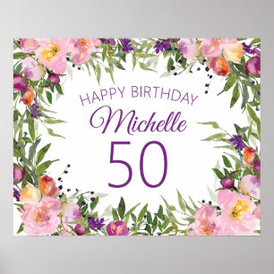 Rosa lila Blumen Grün Blätter 50. Geburtstag Poster