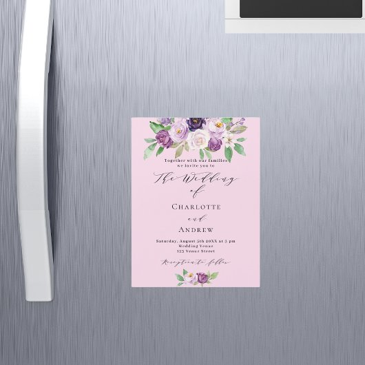 Rosa lila Blumen Grünschrift Luxus Hochzeit Magneteinladung