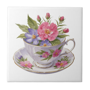 Rosa lila Blumen in Teetasse Antiquität Vintage Fliese