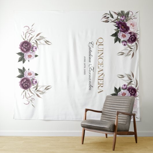 Rosa Lila Blumen Rose Gold QUINCEAÑERA Prop. Wandteppich (Beispiel (Horizontal))