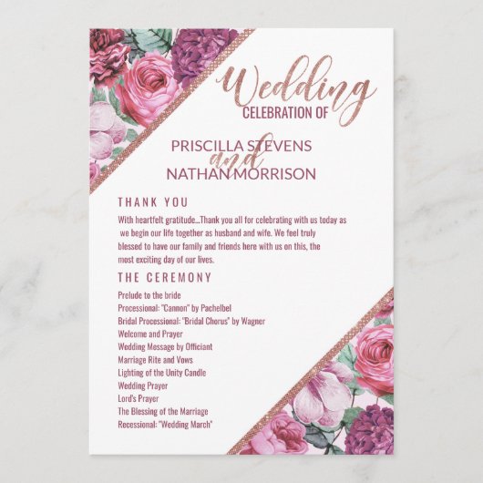 Rosa lila Blumen Roségold Hochzeitsprogramm Programm (Vorderseite)