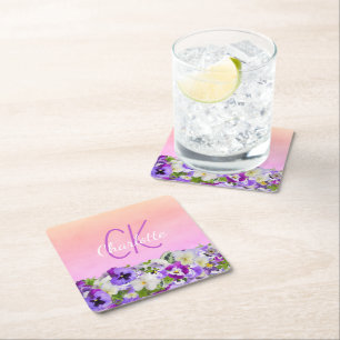 Rosa lila Blumenbezeichnung Monogramm Rechteckiger Pappuntersetzer