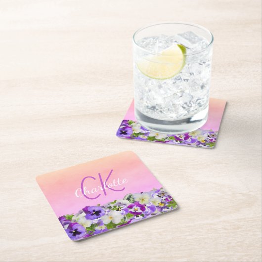 Rosa lila Blumenbezeichnung Monogramm Rechteckiger Pappuntersetzer (Vor Ort)