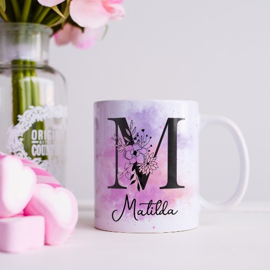 Rosa Lila Blumenfarbe Monogramm m Kaffee Kaffeetasse