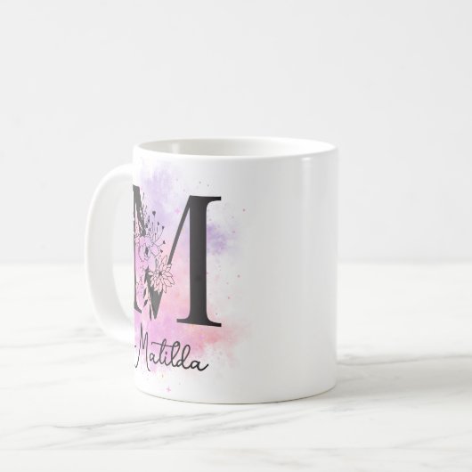Rosa Lila Blumenfarbe Monogramm m Kaffee Kaffeetasse (Vorderseite Links)