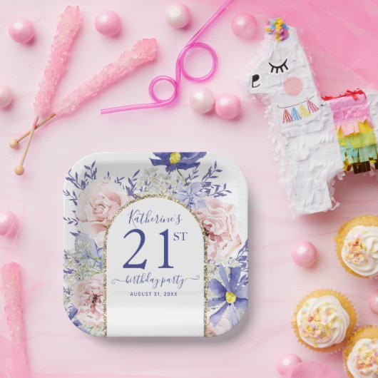 Rosa Lila Blumengottgestein Rahmen 21. Geburtstag Pappteller (Party)