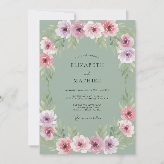 Rosa lila Blumenhochzeit Einladung (Vorderseite)