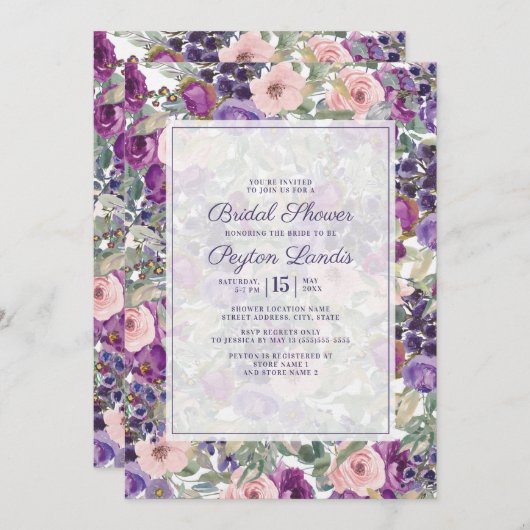 Rosa Lila Blumenpracht Grün Blätter Bridal Einladung (Vorne/Hinten)