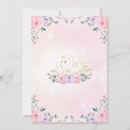 Rosa Lila Blumenschwan Princess Babydusche Einladung (Rückseite)