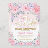 Rosa Lila Blumenschwan Princess Babydusche Einladung (Vorne/Hinten)