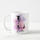 Rosa Lila Blumenschwarzer Letter Monogram L-Kaffee Kaffeetasse (Links)