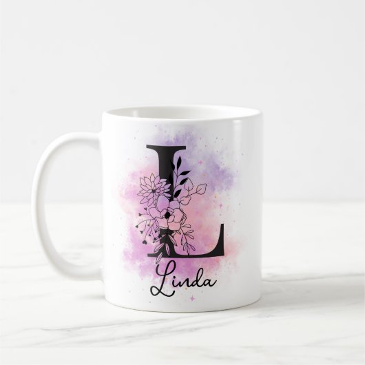 Rosa Lila Blumenschwarzer Letter Monogram L-Kaffee Kaffeetasse (Links)