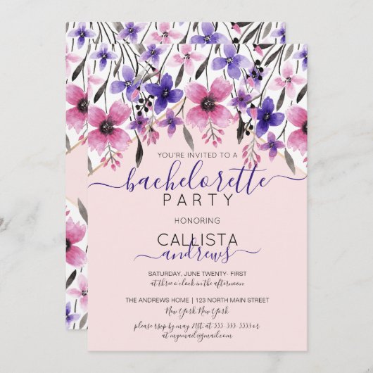 Rosa Lila Blumenwasser Junggeselinnen-Abschied Einladung (Vorne/Hinten)