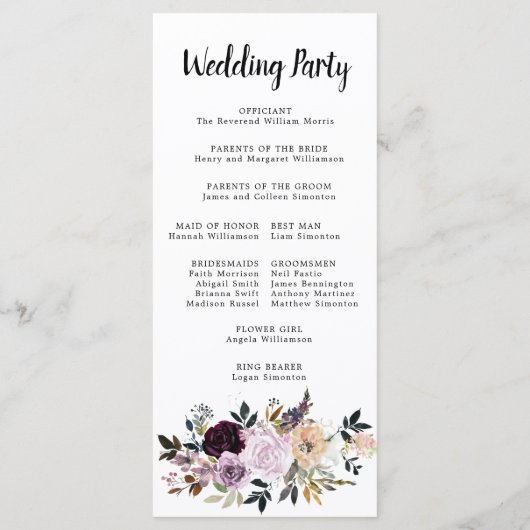 Rosa Lila Blumenzeremonie Programm (Rückseite)