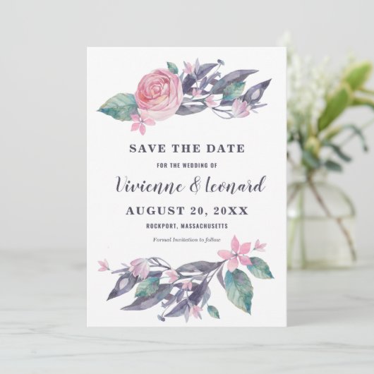 Rosa Lila Blütenhochzeit Speichern Sie die Datumsk (Stehend Vorderseite)