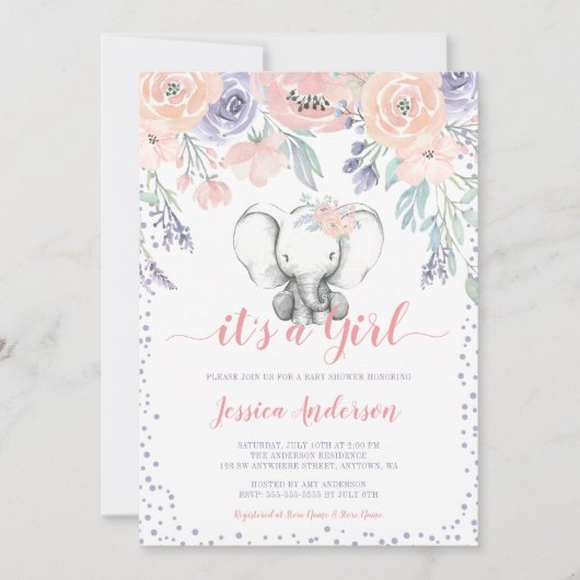 Rosa Lila Blütenlephant Girl Babydusche Einladung (Vorderseite)