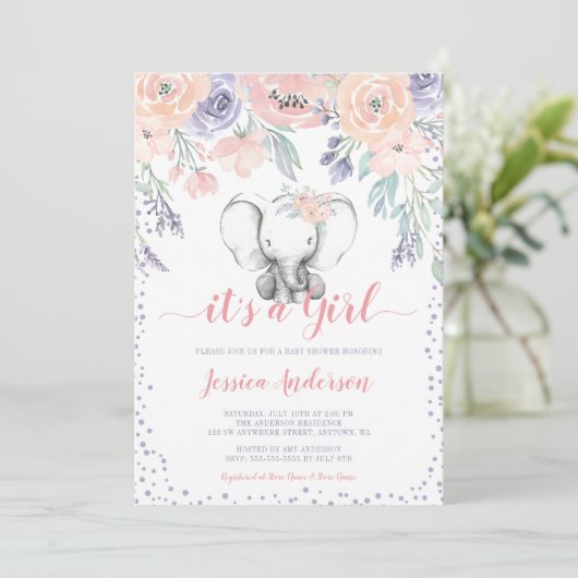 Rosa Lila Blütenlephant Girl Babydusche Einladung (Stehend Vorderseite)