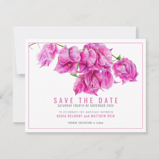 Rosa lila Bougainvillea Hochzeit Save The Date (Vorderseite)