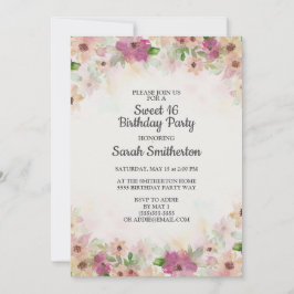 Rosa Lila Creme Wasserfarbe Süß 16 Geburtstag Einladung
