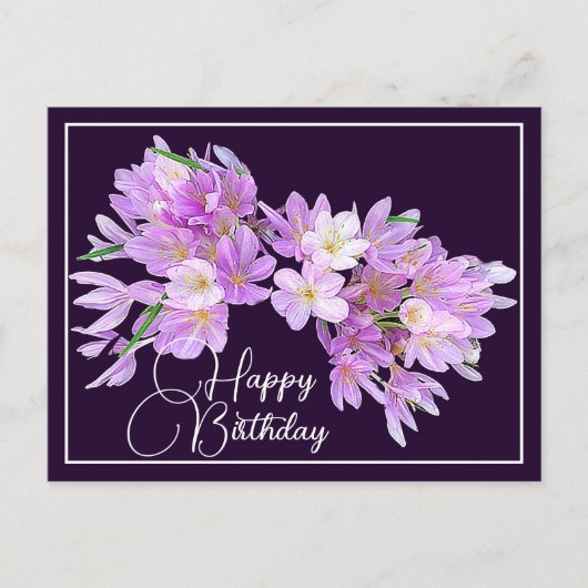 Rosa/Lila Crocus Lila Hintergrund Happy Birthday Postkarte (Vorderseite)