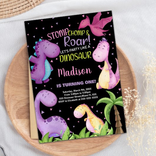 Rosa Lila Dinosaurier Geburtstagseinladungen Einladung
