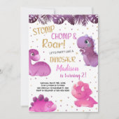 Rosa Lila Dinosaurier Geburtstagseinladungen Einladung (Vorderseite)