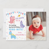 Rosa Lila Dinosaurier Girls Dino Party Foto Dankeskarte (Vorderseite)