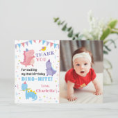 Rosa Lila Dinosaurier Girls Dino Party Foto Dankeskarte (Stehend Vorderseite)