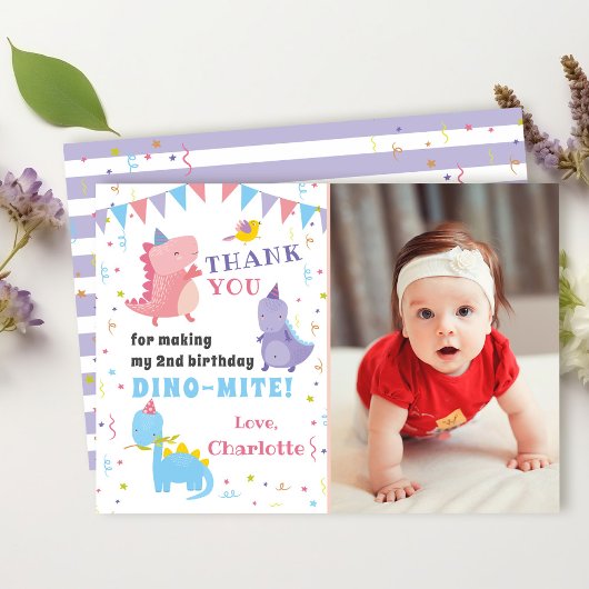 Rosa Lila Dinosaurier Girls Dino Party Foto Dankeskarte