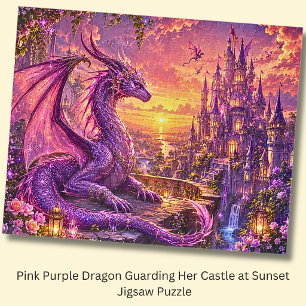 Rosa lila Drache bewacht ihr Schloss bei Sonnenunt Puzzle